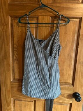 Doe & Rae Black and White Striped Faux Wrap Spaghetti-Strap Camisole